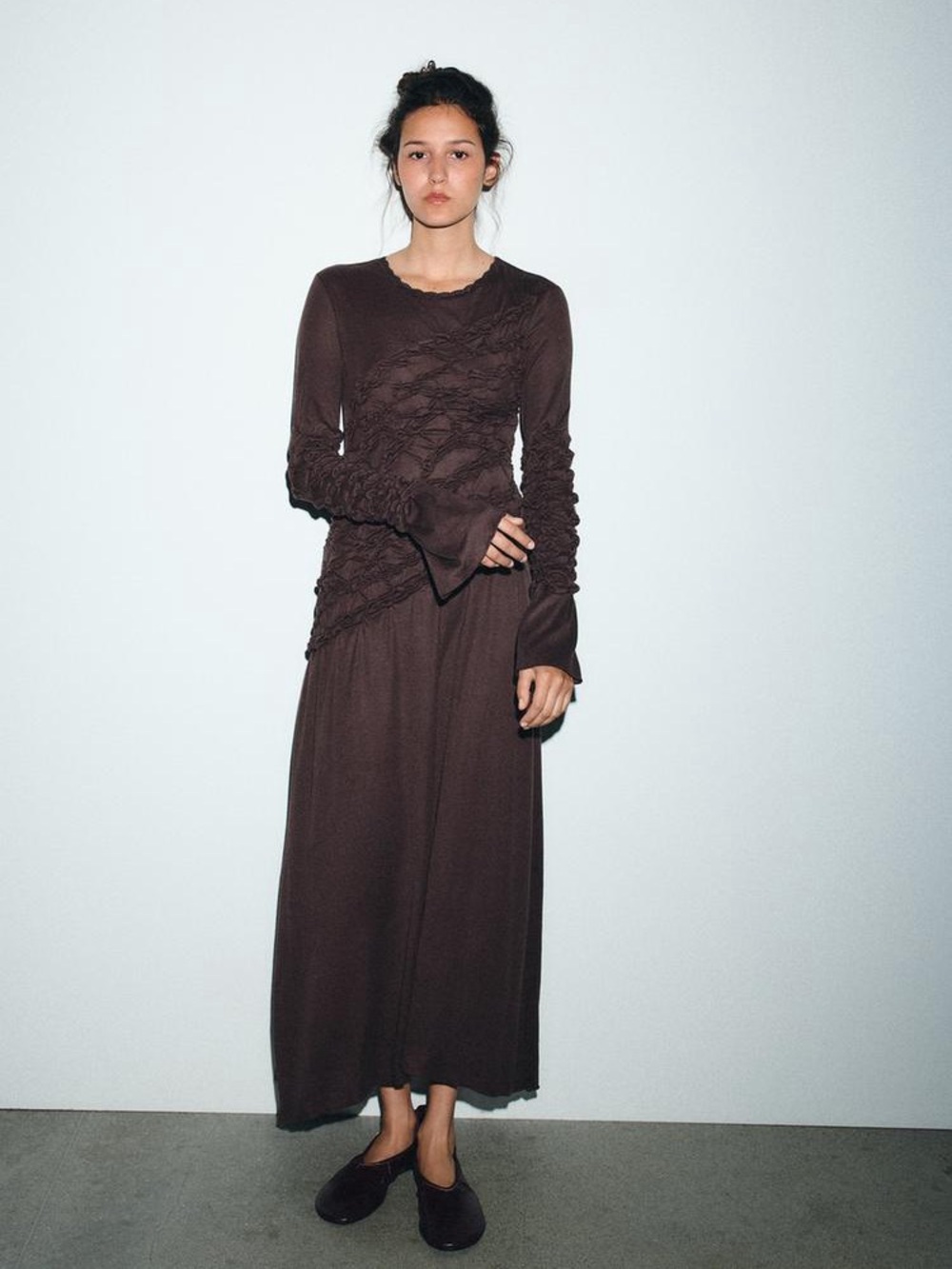 NWT Zara Gorgeous Brown Ruffled scrunch Maxi Dress - Picture 3 of 8
